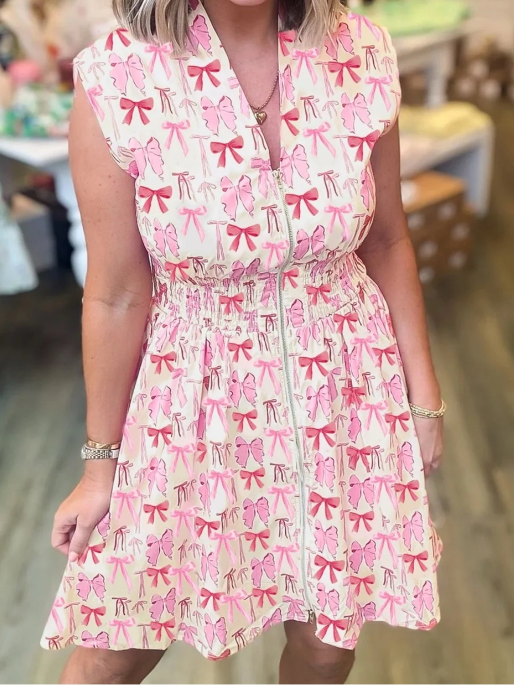 She + Sky Pink Mini Dress with Pink and Red Bow Print